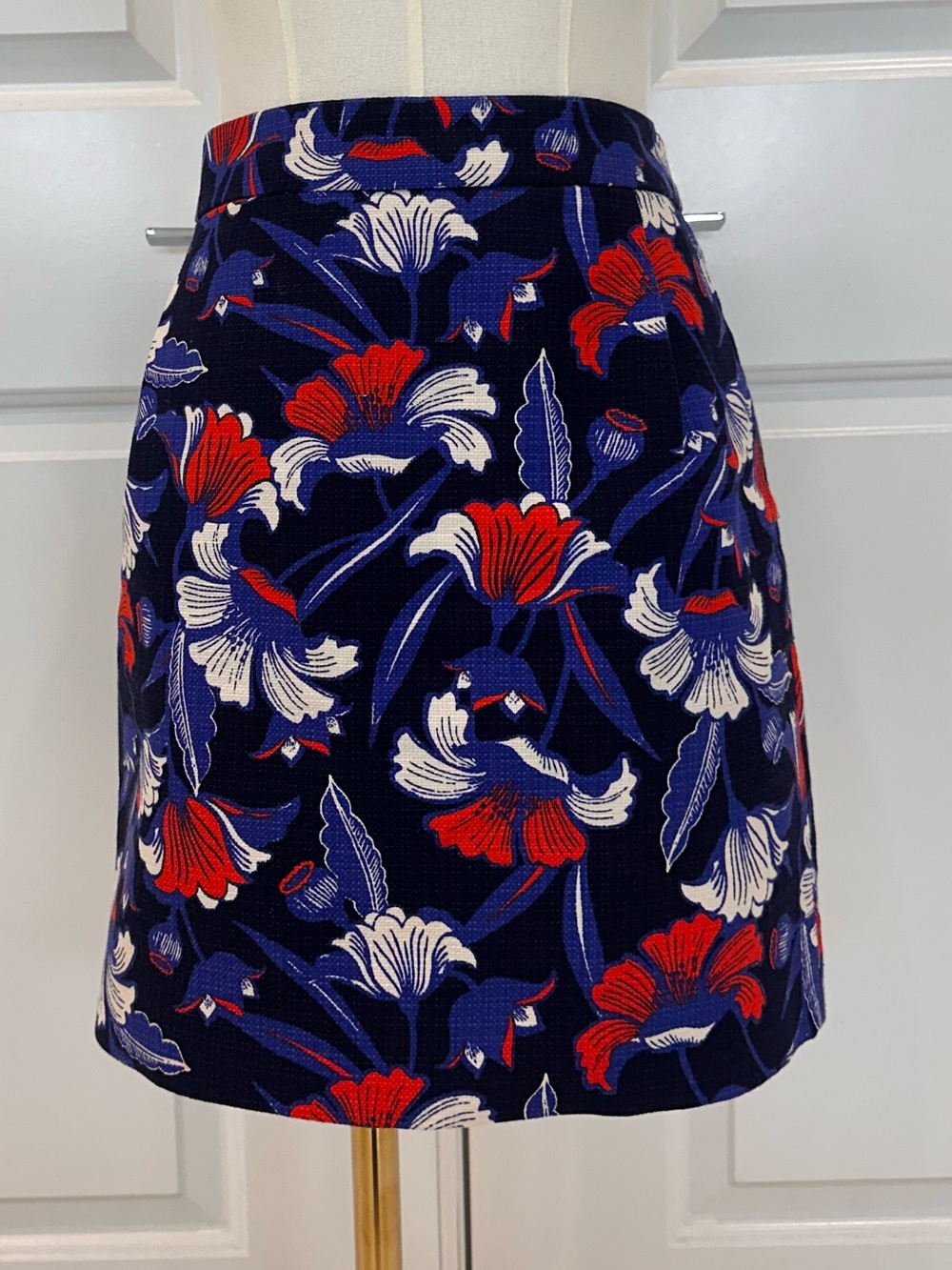 J. Crew Navy Floral Mini Skirt with Red & White Accents. Fourth of July vibes